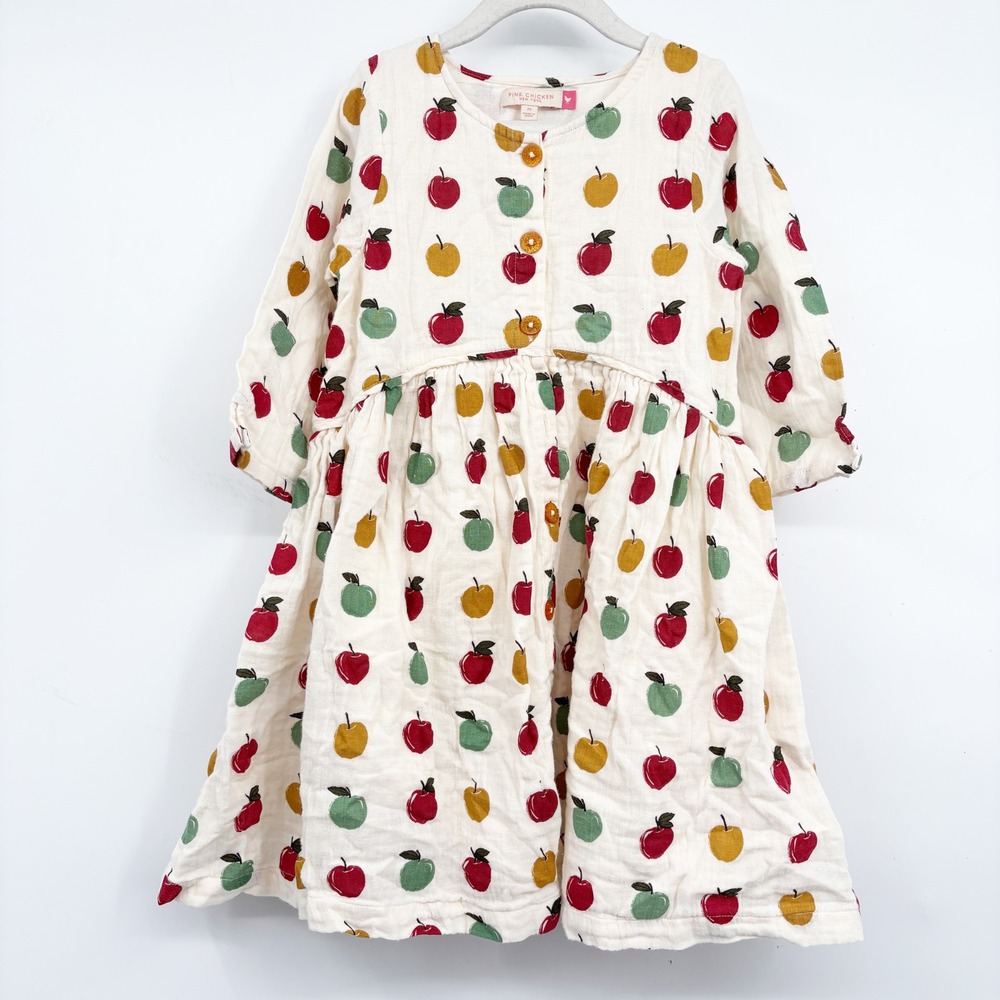 Pink Chicken Girls Apple Print Gauze Cotton Boho Cottagecore Fall Dress Size 7Y